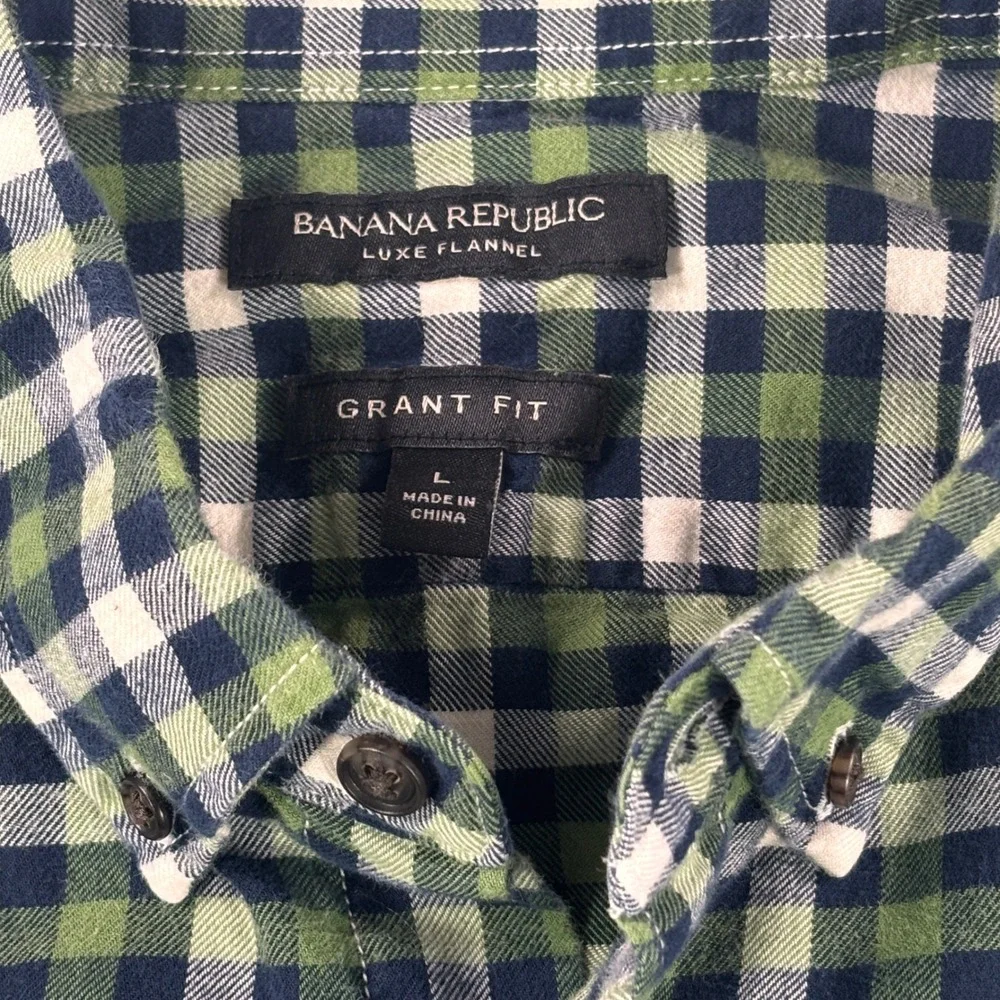 Banana Republic Mens Grant Fit Luxe Flannel Gingham Shirt Green Navy Size Large